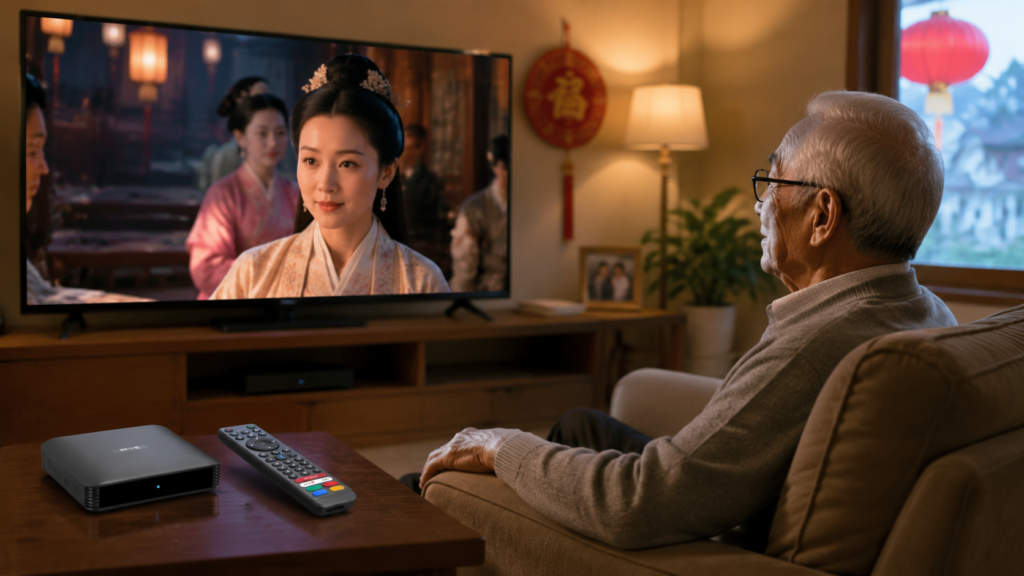 Older family member using a SViCloud TV box with a simple remote in a living room