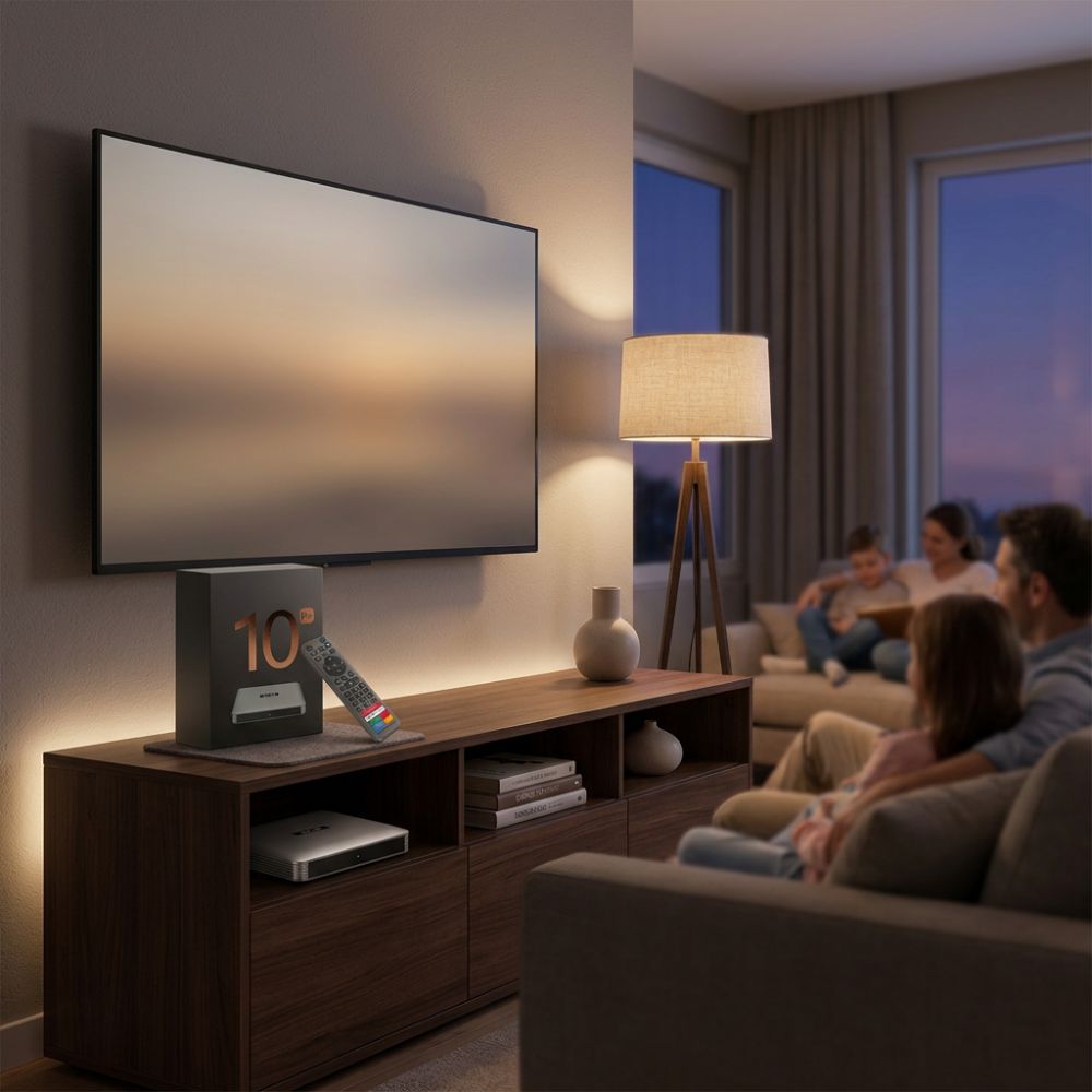 Family watching TV with a SViCloud box in the living room