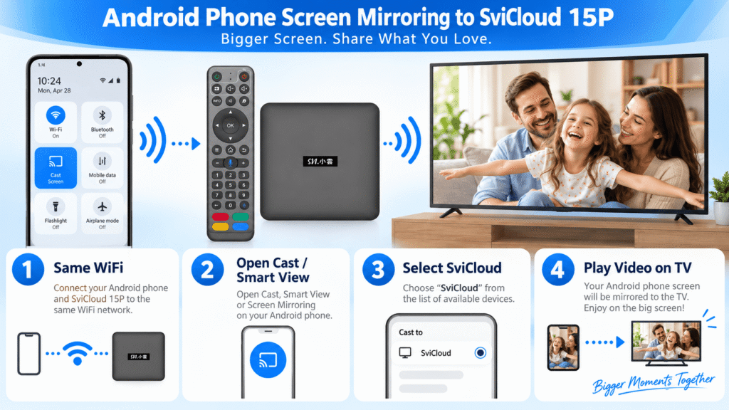 Android Cast and Smart View screen mirroring steps for SviCloud 15P