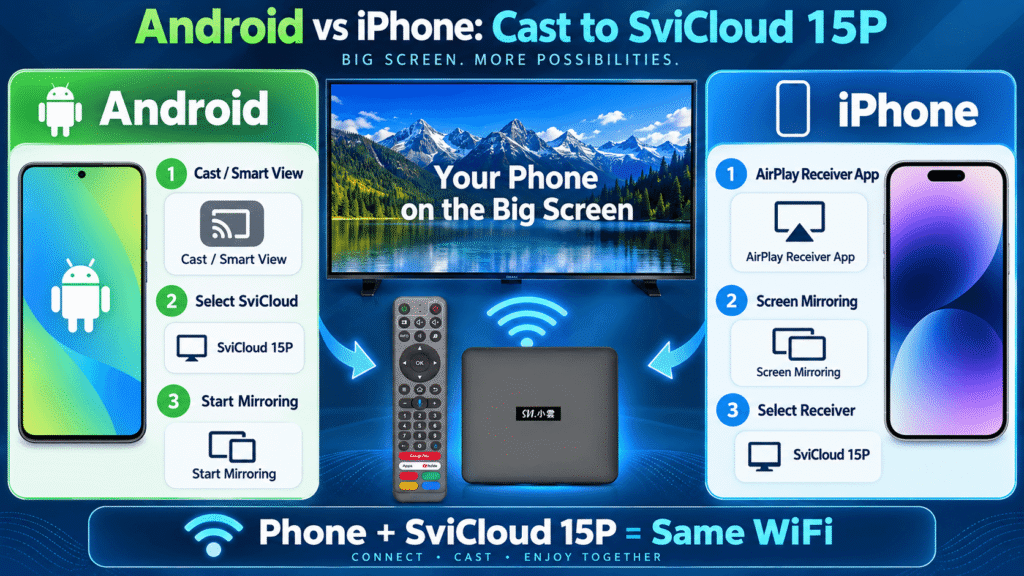 Android and iPhone screen mirroring methods for SviCloud 15P TV Box