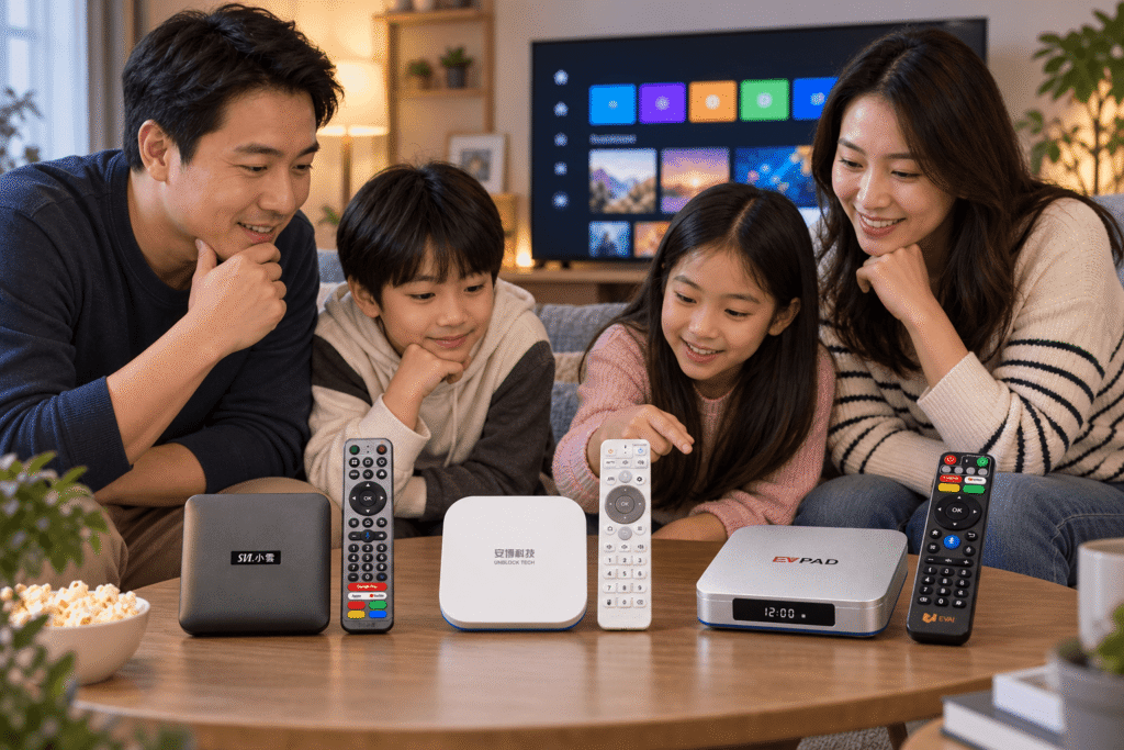 Overseas Chinese family comparing SviCloud 15P, UBOX 12 and EVPAD 12P TV boxes