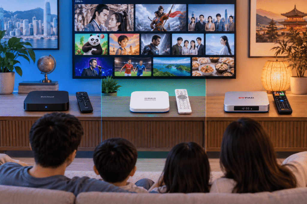 Overseas Chinese family viewing a TV with SviCloud 15P, UBOX 12 and EVPAD 12P boxes and their matching remotes