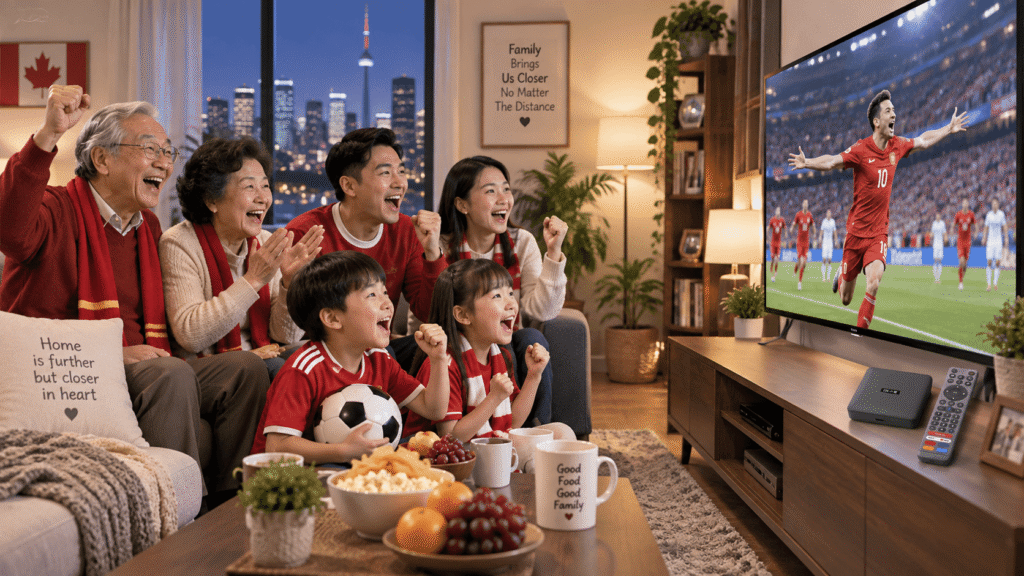 Overseas Chinese family watching live sports with SviCloud 15P TV Box