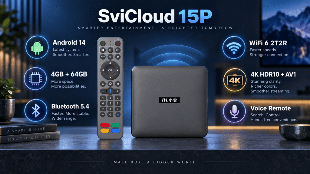 SviCloud 15P Android 14 TV Box with WiFi 6 4GB 64GB and 4K HDR10