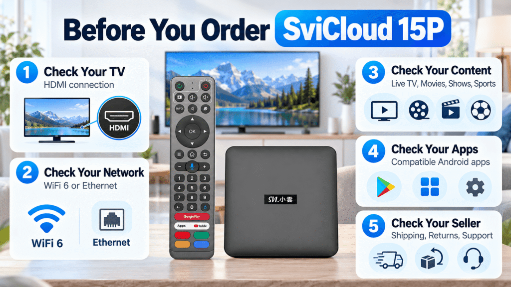 SviCloud 15P USA before ordering checklist for TV WiFi apps and seller