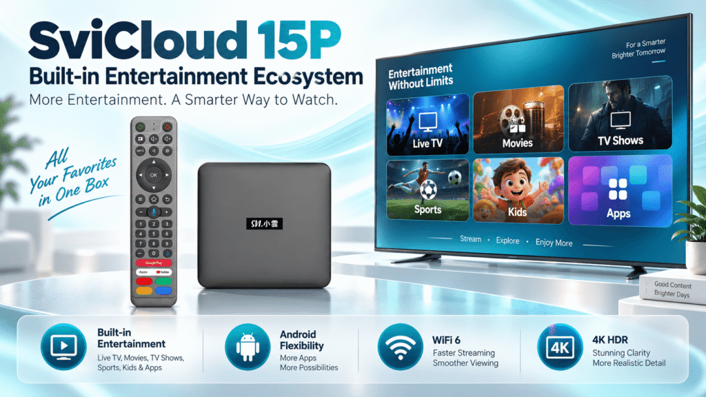 SviCloud 15P built-in entertainment ecosystem with Live TV movies sports and apps