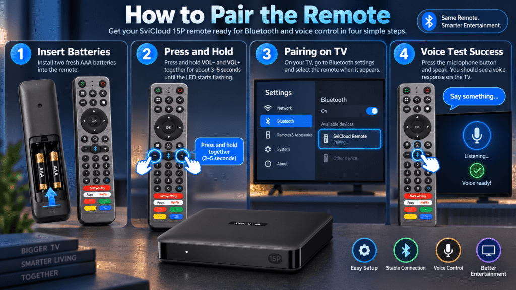 SviCloud 15P remote control Bluetooth pairing and voice setup tutorial