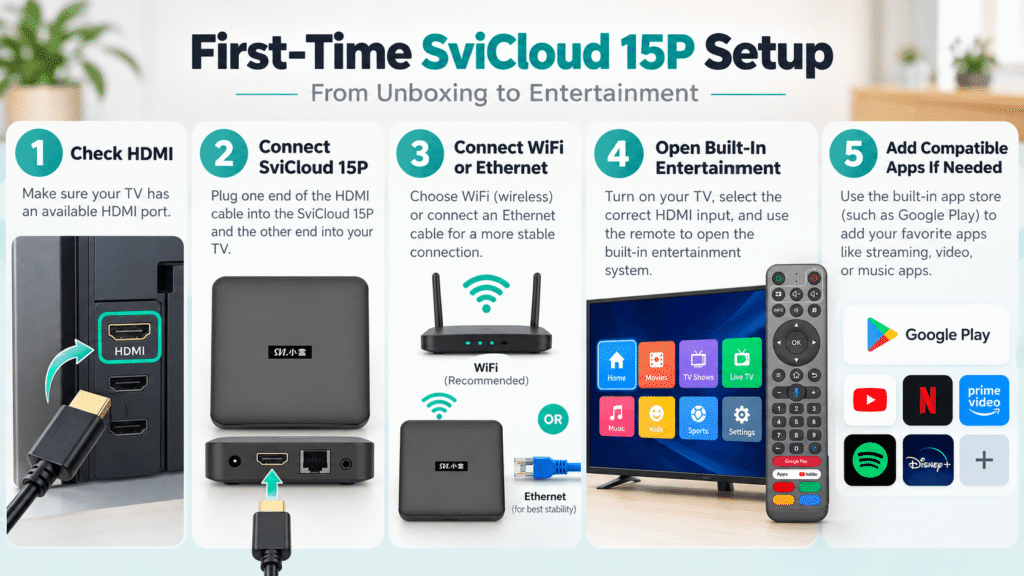 SviCloud 15P setup checklist for first-time TV Box users