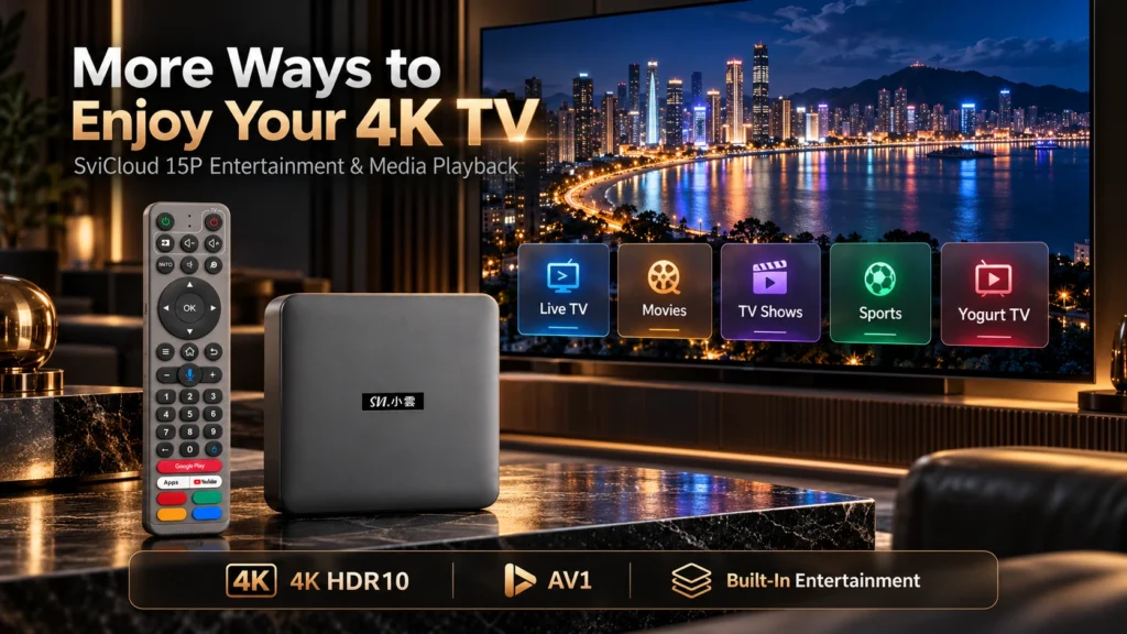 SviCloud 15P 4K HDR10 entertainment with movies live TV sports and Yogurt TV