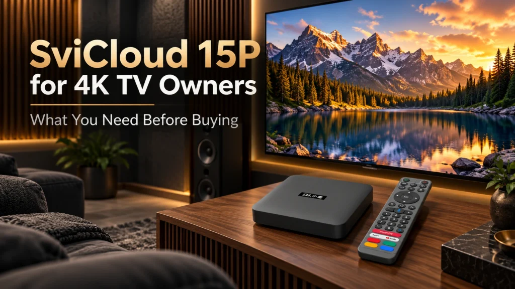 SviCloud 15P TV Box connected to a 4K HDR television in a modern home cinema