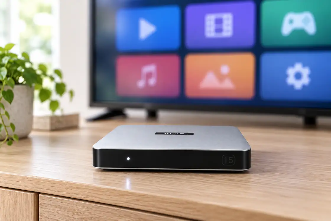 SviCloud 15P TV box beside a television with a generic app menu
