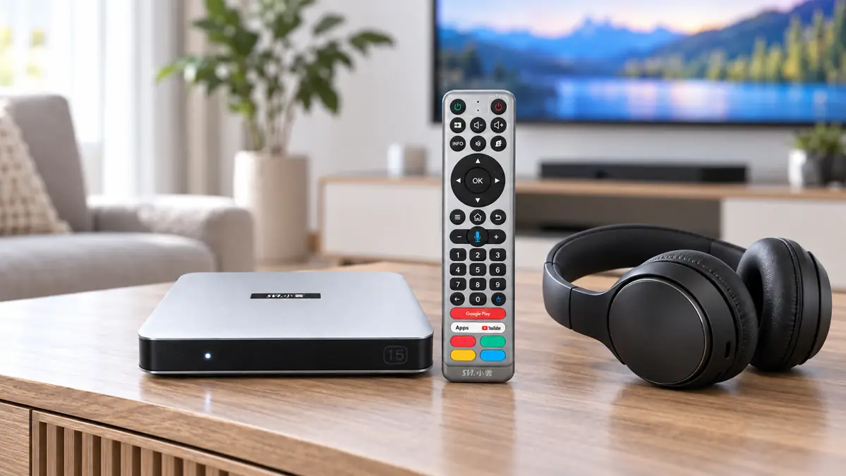 SviCloud 15P TV box and remote beside Bluetooth headphones in a living room