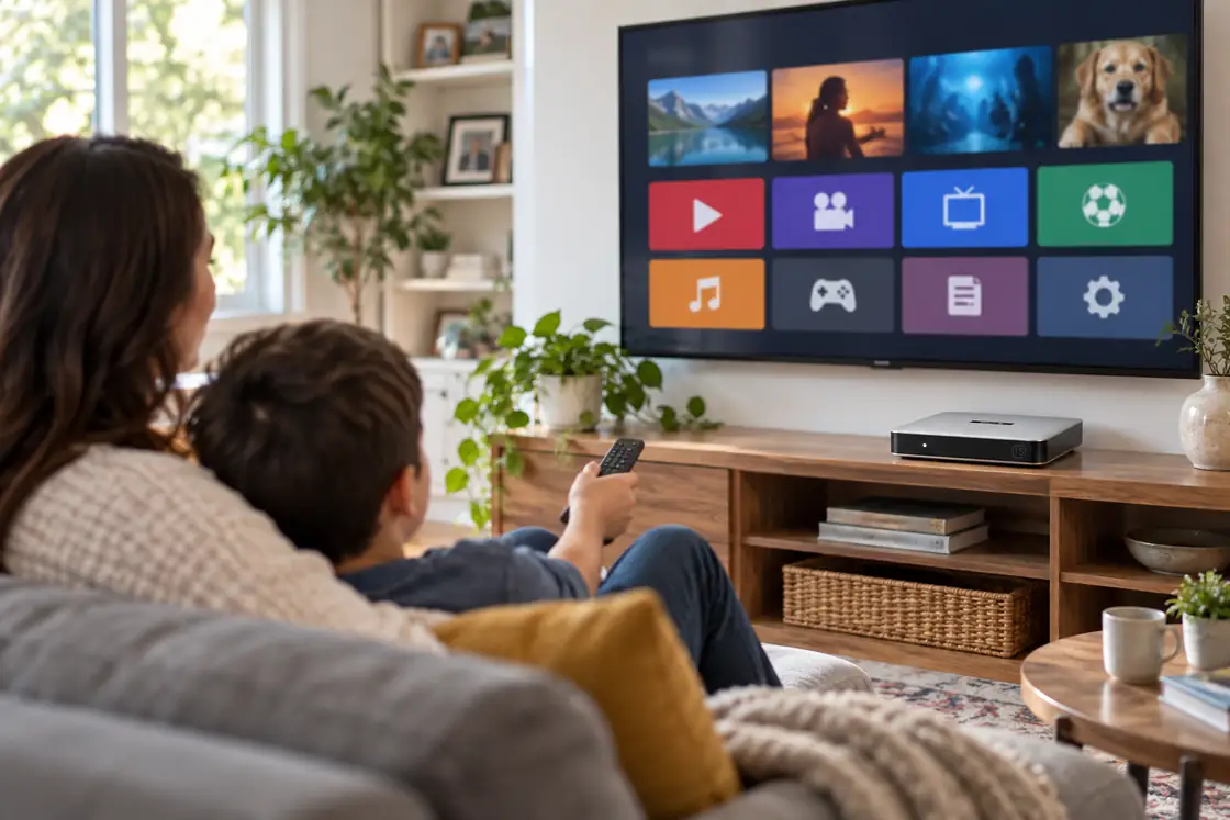 Family choosing generic entertainment tiles on a television connected to a SviCloud 15P