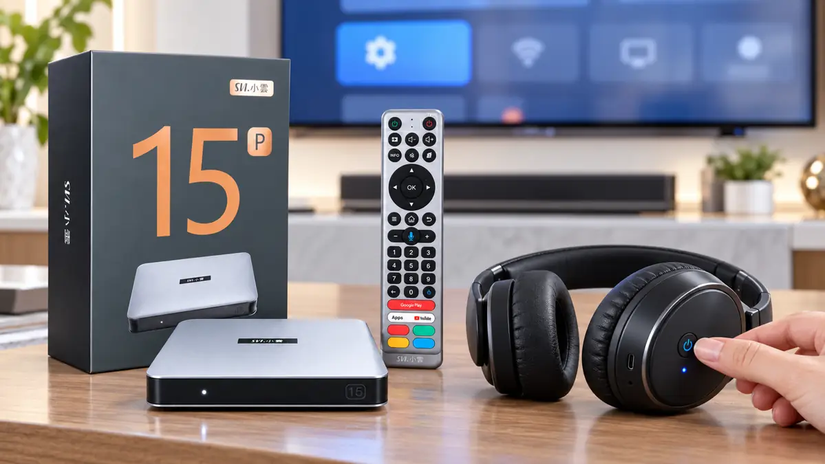 SviCloud 15P box and remote beside headphones ready for Bluetooth pairing