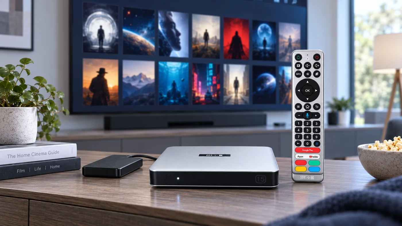 SviCloud 15P TV box and remote beside a TV showing a personal movie poster library