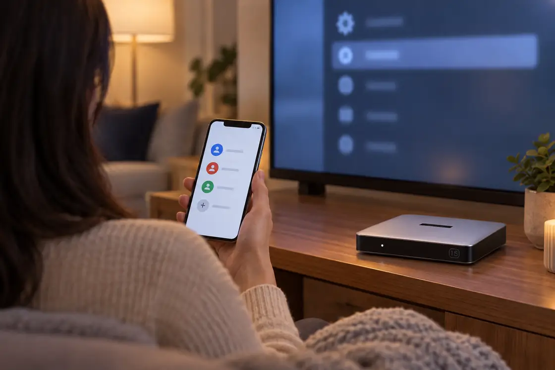 SviCloud 15P box beside a TV while a viewer checks optional account choices on a phone