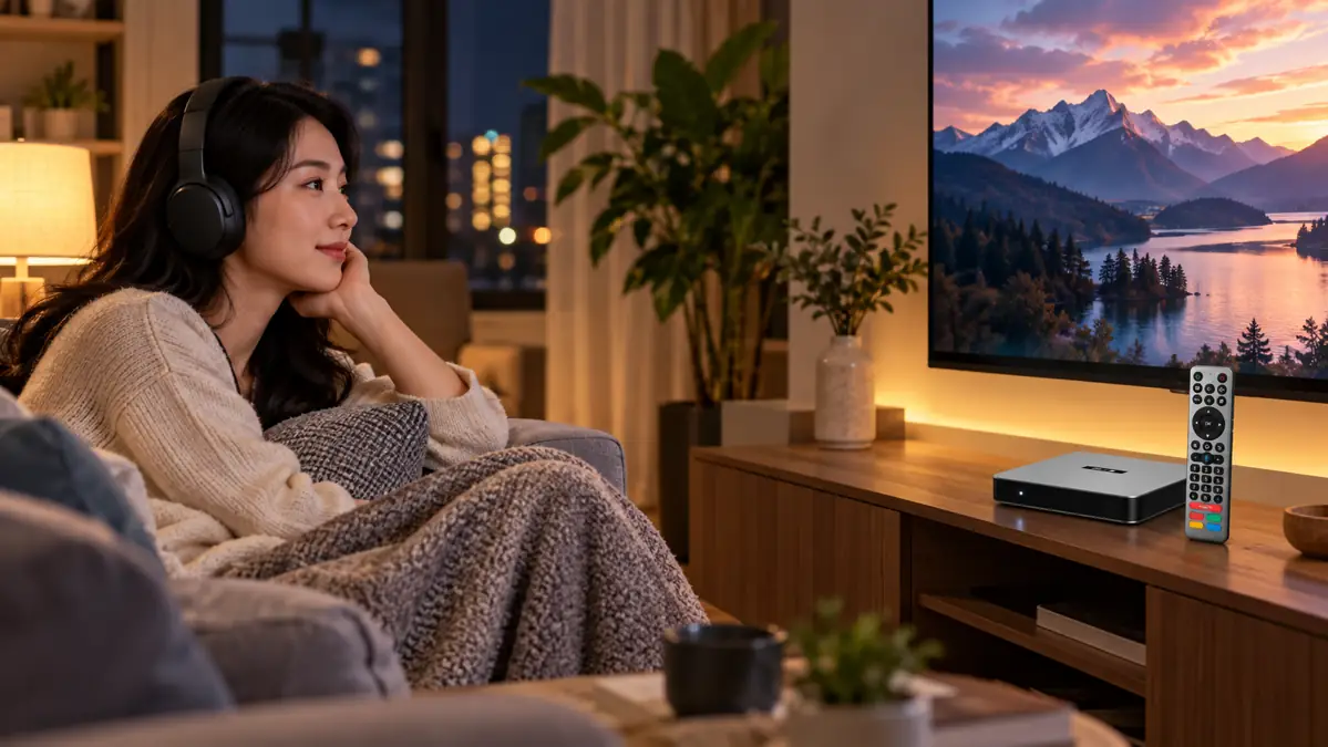 Chinese woman using Bluetooth headphones with SviCloud 15P for private TV listening